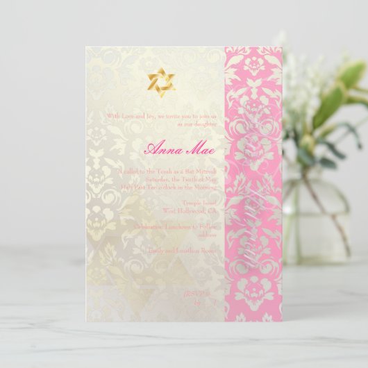 Classy + Stylish Damask Bat Mitzvah/posh roze Kaart (Staand voorkant)