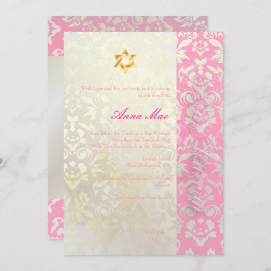 Classy + Stylish Damask Bat Mitzvah/posh roze Kaart (Voorkant / Achterkant)