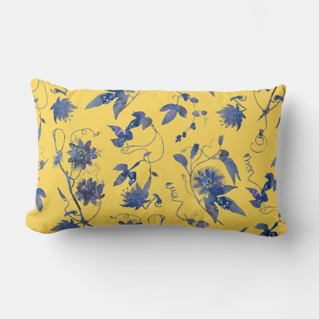 Classy Stylish Elegant Blue Passion Flowers Yellow Kussen (Voorkant)
