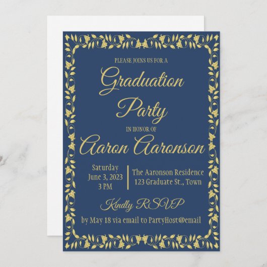 Classy Stylish Gold op Navy Afstuderen Invitation (Voorkant / Achterkant)