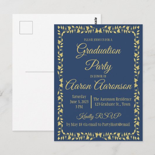 Classy Stylish Gold op Navy Afstuderen Invitation Briefkaart (Voorkant / Achterkant)