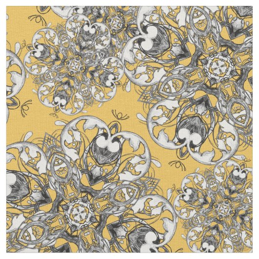 Classy Stylish Mustard Yellow Gothic Floral Print Stof (Close Up)