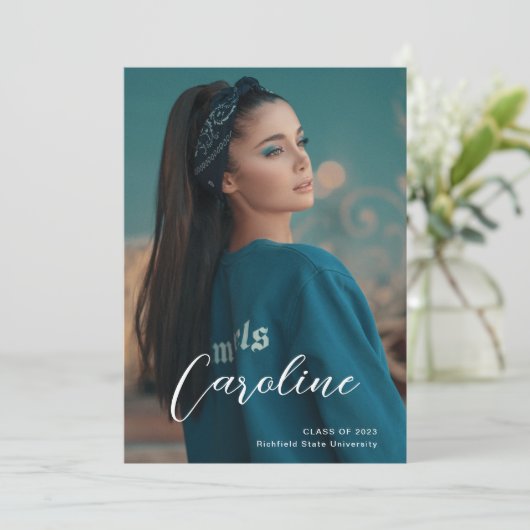 Classy Stylish Script Photo Collage Afstuderen Aankondiging (Staand voorkant)