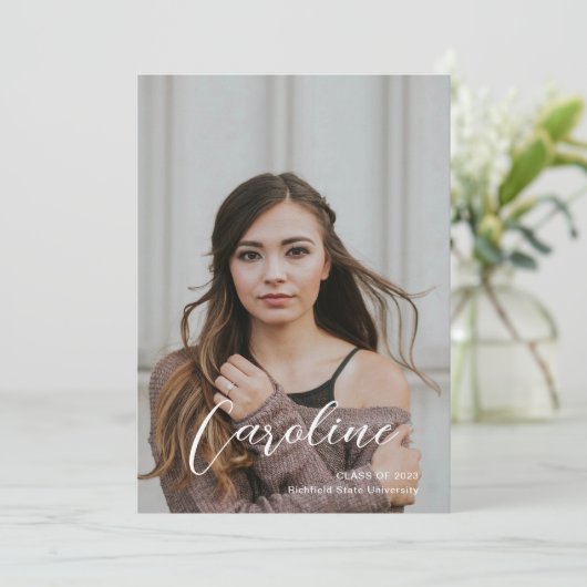 Classy Stylish Script Two Photo Afstuderen Aankondiging (Staand voorkant)