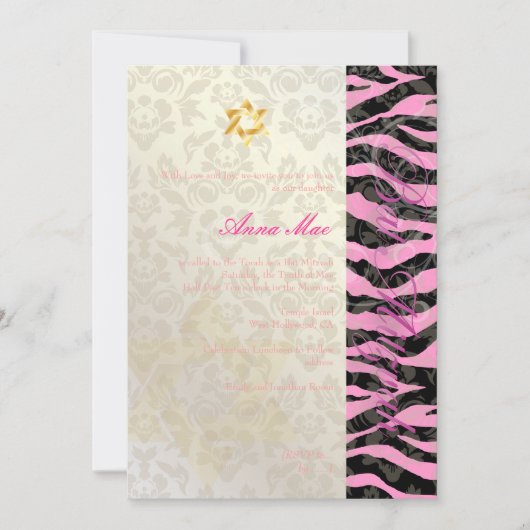 Classy + Stylish Zebra/Damask Bat Mitzvah Kaart (Voorkant)