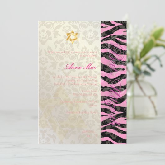 Classy + Stylish Zebra/Damask Bat Mitzvah Kaart (Staand voorkant)