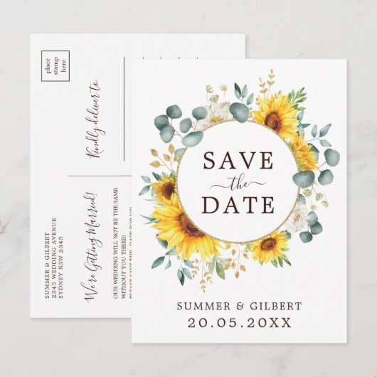 Classy Summer Sunflower Greenery Save the Date Aankondigingskaart (Voorkant / Achterkant)