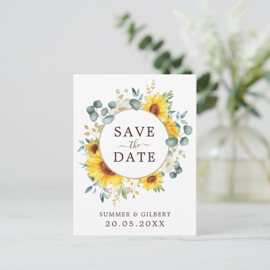 Classy Summer Sunflower Greenery Save the Date Aankondigingskaart (Staand voorkant)