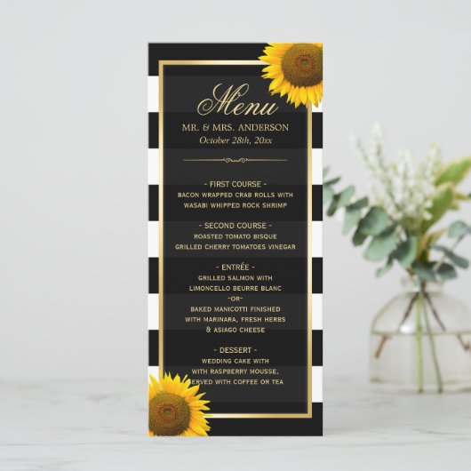 Classy Sunflower Black White Striped Weduwmenu Menu (Staand voorkant)