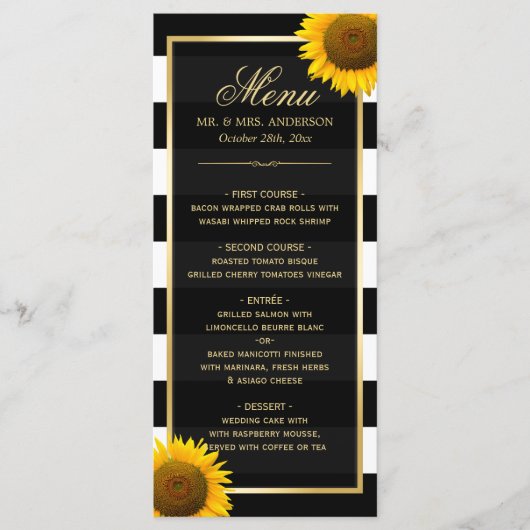 Classy Sunflower Black White Striped Weduwmenu Menu (Voorkant)