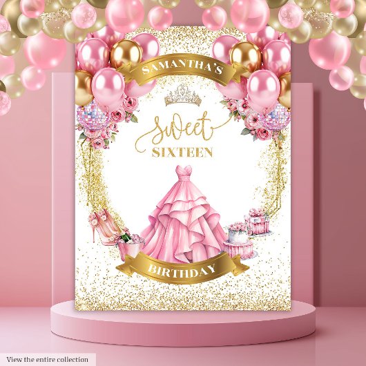 Classy Sweet Sixteen Banner Roze Jurk Gouden Spark Wandkleed