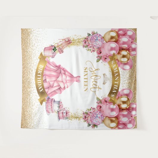Classy Sweet Sixteen Banner Roze Jurk Gouden Spark Wandkleed (Voorkant (horizontaal))
