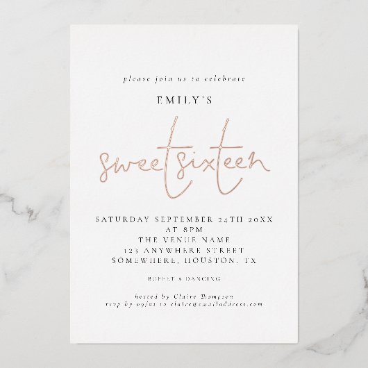 Classy Sweet Sixteen - Echte verjaardagsscriptie Folie Uitnodiging (Voorkant)