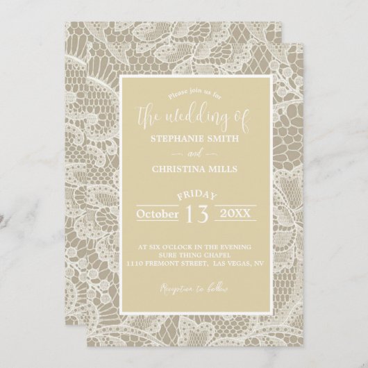 Classy Tan Lace bruiloft uitnodiging (Voorkant / Achterkant)