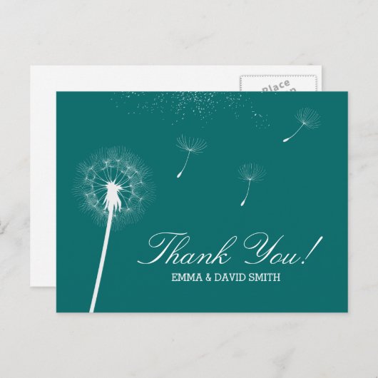 Classy Teal Green Dandelion Blowing Thank You Briefkaart (Voorkant / Achterkant)