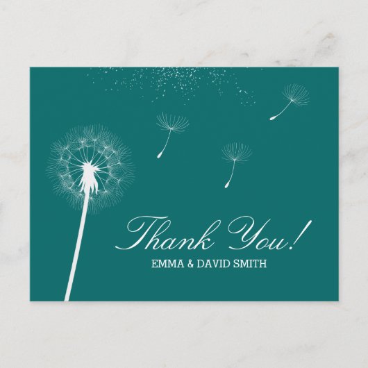 Classy Teal Green Dandelion Blowing Thank You Briefkaart (Voorkant)