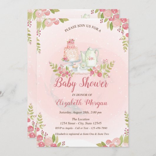 Classy Teapot Floral Baby shower Invitation Kaart (Voorkant / Achterkant)