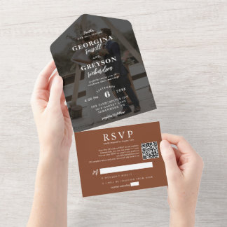 Classy Terracotta RSVP Foto QR Code Bruiloft All In One Uitnodiging