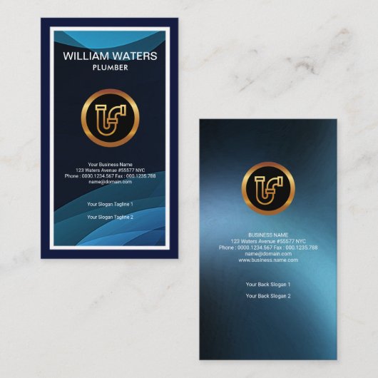 Classy Trendy White Borders Blue Waves Plumber Visitekaartje (Voorkant / Achterkant)