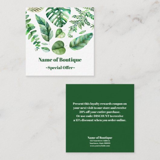 Classy tropical leaves Boutique Discount Coupon (Voorkant / Achterkant)
