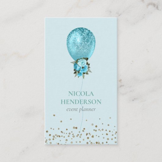 Classy Turquoise Balloon Glitter Event Planner Visitekaartje (Voorkant)