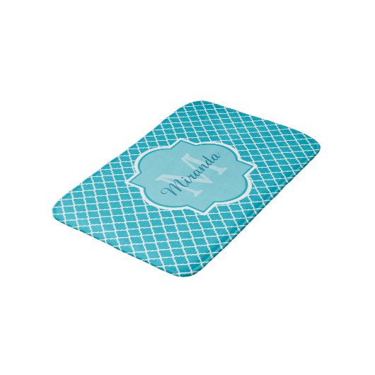 Classy Turquoise Blue Quatrefoil Monogram en naam Badmat (Gekanteld)