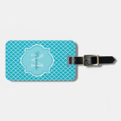 Classy Turquoise Blue Quatrefoil Monogram en naam Bagagelabel (Voorkant horizontaal)