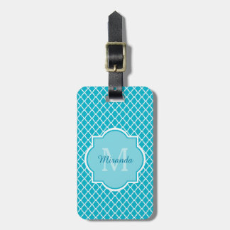 Classy Turquoise Blue Quatrefoil Monogram en naam Bagagelabel