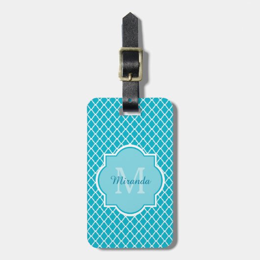 Classy Turquoise Blue Quatrefoil Monogram en naam Bagagelabel (Voorkant verticaal)