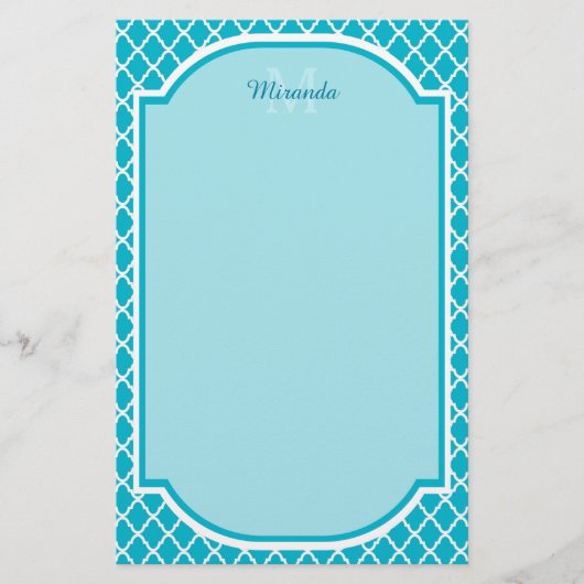 Classy Turquoise Blue Quatrefoil Monogram en naam Briefpapier (Voorkant)