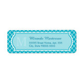 Classy Turquoise Blue Quatrefoil Monogram en naam Etiket (Voorkant)
