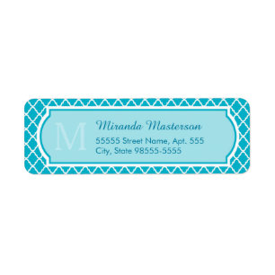 Classy Turquoise Blue Quatrefoil Monogram en naam Etiket