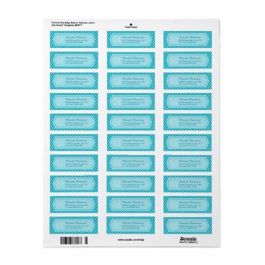 Classy Turquoise Blue Quatrefoil Monogram en naam Etiket (Full Sheet)