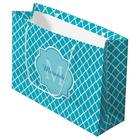 Classy Turquoise Blue Quatrefoil Monogram en naam Groot Cadeauzakje (Voorkant Gekanteld)