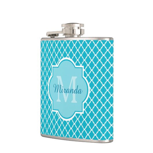 Classy Turquoise Blue Quatrefoil Monogram en naam Heupfles (Links)