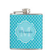 Classy Turquoise Blue Quatrefoil Monogram en naam Heupfles (Voorkant)