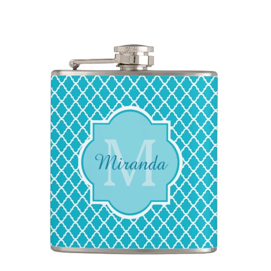 Classy Turquoise Blue Quatrefoil Monogram en naam Heupfles (Voorkant)