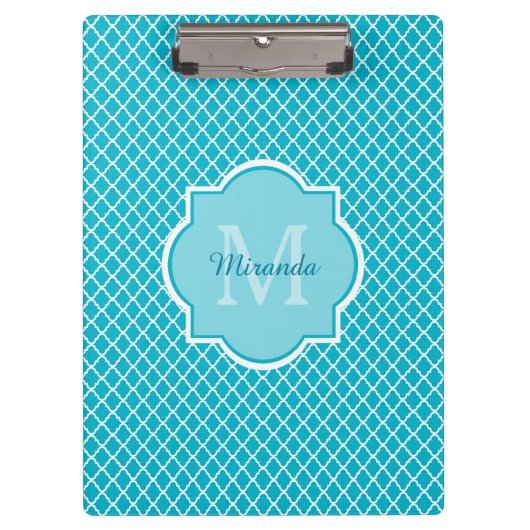 Classy Turquoise Blue Quatrefoil Monogram en naam Klembord (Voorkant)