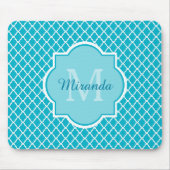 Classy Turquoise Blue Quatrefoil Monogram en naam Muismat (Voorkant)