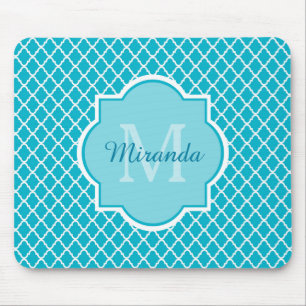 Classy Turquoise Blue Quatrefoil Monogram en naam Muismat