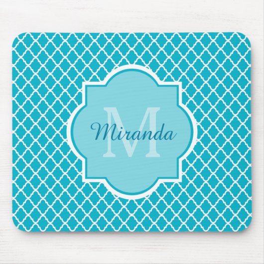 Classy Turquoise Blue Quatrefoil Monogram en naam Muismat (Voorkant)
