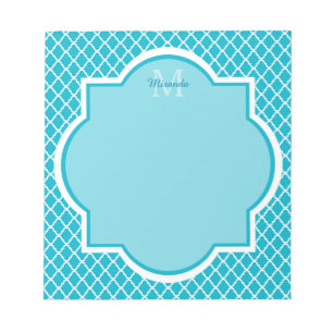 Classy Turquoise Blue Quatrefoil Monogram en naam Notitieblok