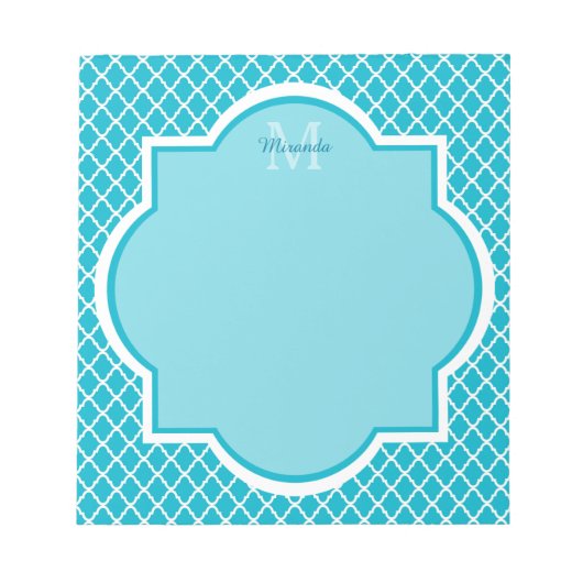 Classy Turquoise Blue Quatrefoil Monogram en naam Notitieblok (Voorkant)