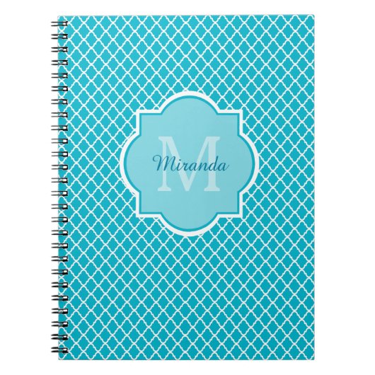 Classy Turquoise Blue Quatrefoil Monogram en naam Notitieboek (Voorkant)