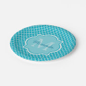 Classy Turquoise Blue Quatrefoil Monogram en naam Papieren Bordje (Gekanteld)