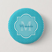 Classy Turquoise Blue Quatrefoil Monogram en naam Ronde Button 5,7 Cm (Voorkant)