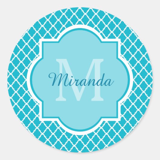 Classy Turquoise Blue Quatrefoil Monogram en naam Ronde Sticker (Voorkant)