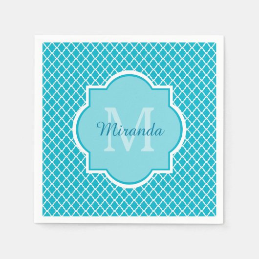 Classy Turquoise Blue Quatrefoil Monogram en naam Servet (Voorkant)