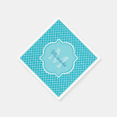 Classy Turquoise Blue Quatrefoil Monogram en naam Servet (Hoek)