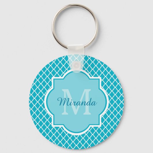 Classy Turquoise Blue Quatrefoil Monogram en naam Sleutelhanger (Voorkant)